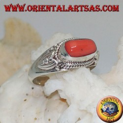 Silver ring with natural coral and surrounded by lotus flower petals decorations