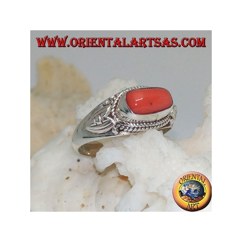 Silver ring with natural coral and surrounded by lotus flower petals decorations