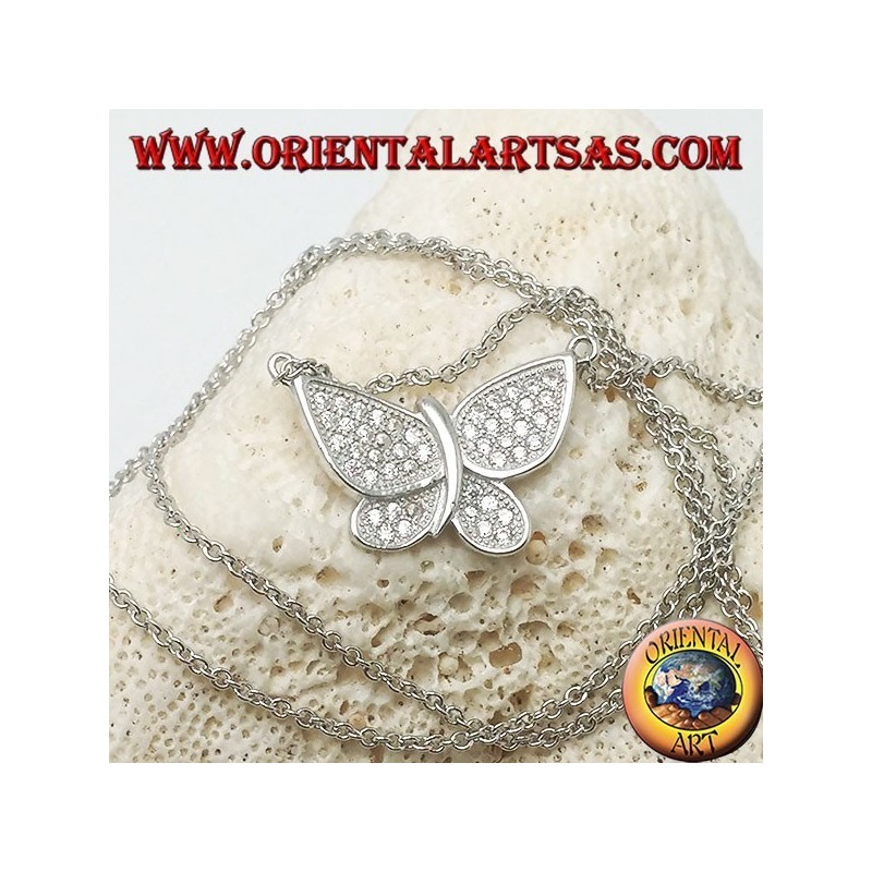 Colgante de mariposa de plata con alas tachonadas de circonitas con cadena de 45 cm.