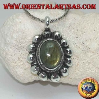 Silver flower pendant with oval cabochon labradorite surrounded by perforated discs