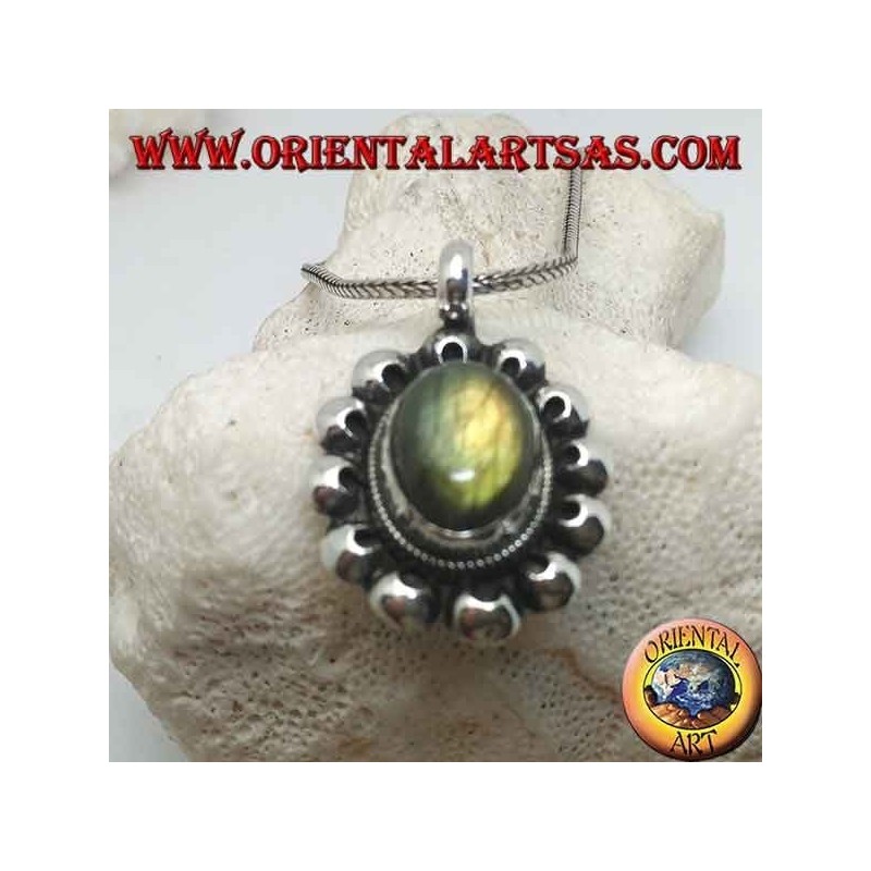 Silver flower pendant with oval cabochon labradorite surrounded by perforated discs