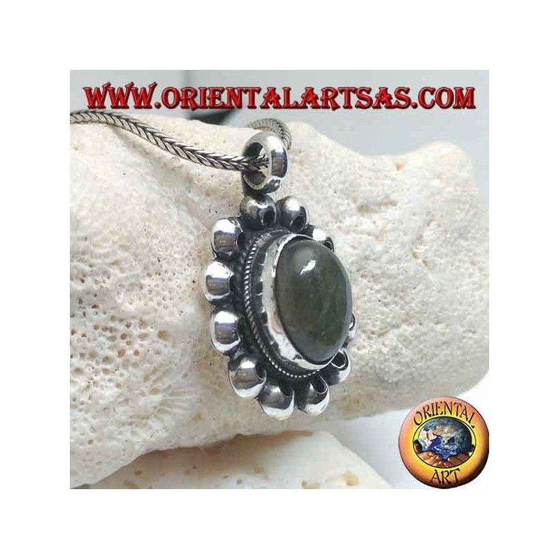 Silver flower pendant with oval cabochon labradorite surrounded by perforated discs