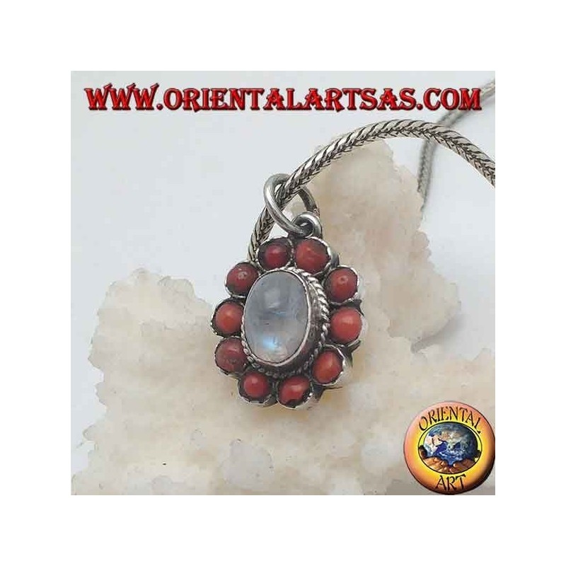 Silver flower pendant with rainbow moonstone cabochon and tibetan coral with petals