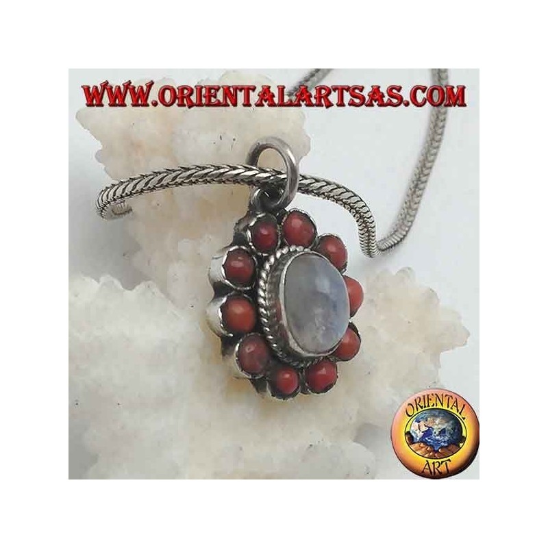 Silver flower pendant with rainbow moonstone cabochon and tibetan coral with petals