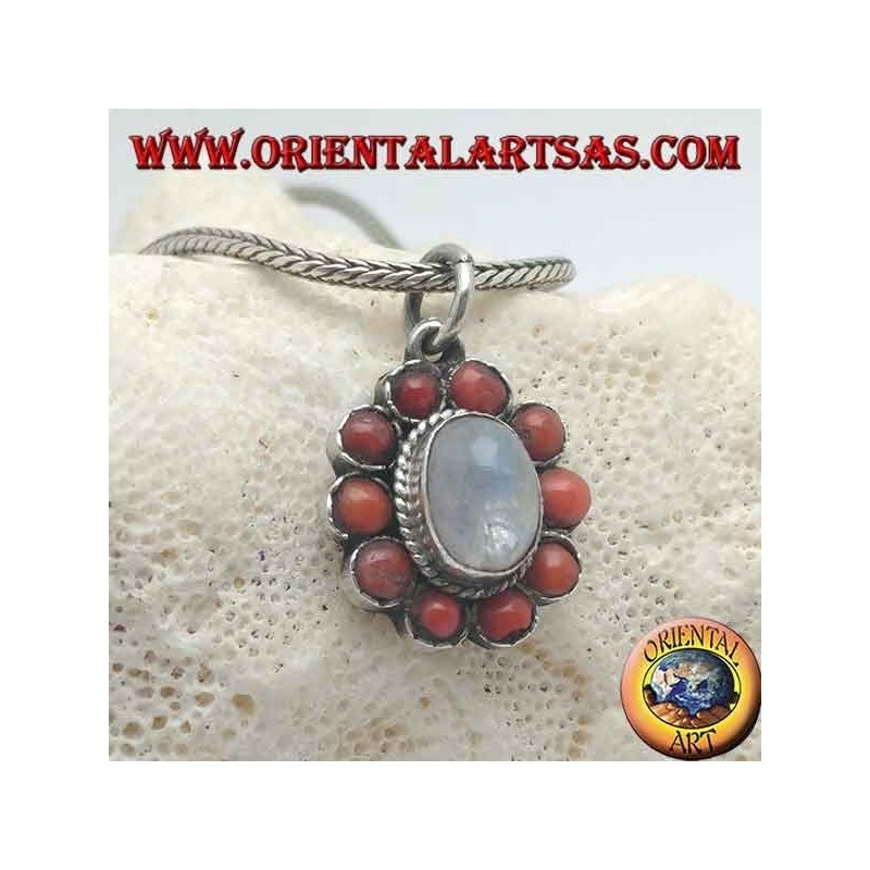 Colgante de flores de plata con cabujón de piedra lunar del arco iris y coral pétalo tibetano