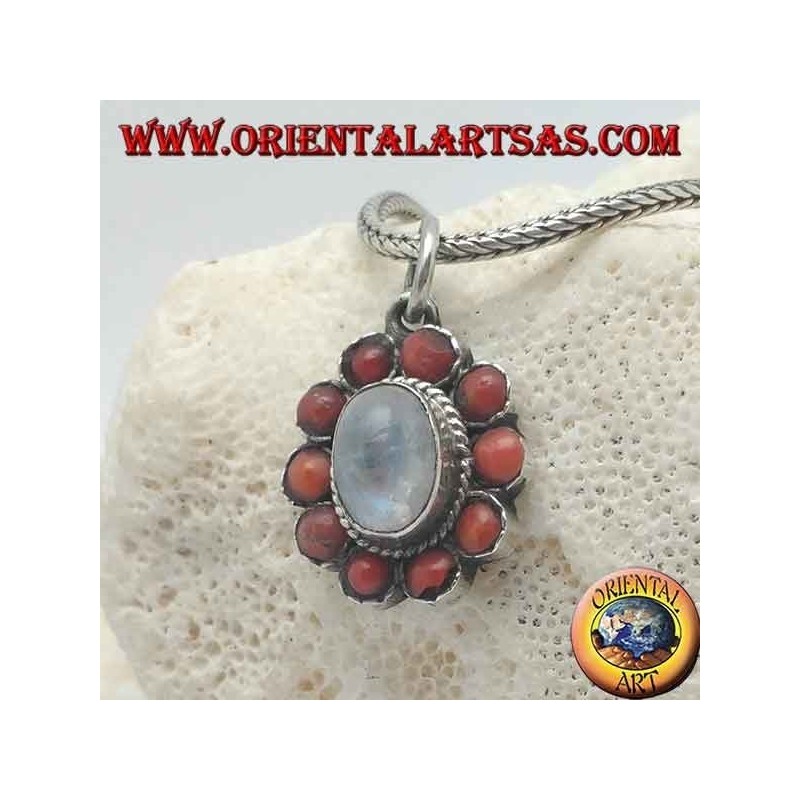 Pendentif fleur en argent avec cabochon de pierre de lune arc-en-ciel et corail tibétain avec pétales