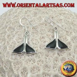 Silver earrings in the shape of a whale tail with onyx