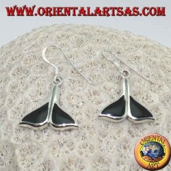 Silver earrings in the shape of a whale tail with onyx