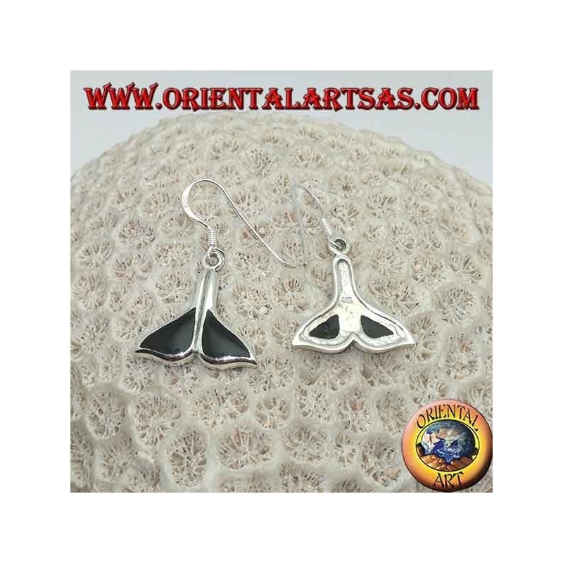 Silver earrings in the shape of a whale tail with onyx