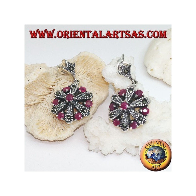 Boucles d'oreilles marguerite en argent avec 6 +1 rondes et rubis naturels de marcassite