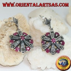 Daisy silver earrings with 6 +1 round and marcasite natural rubies
