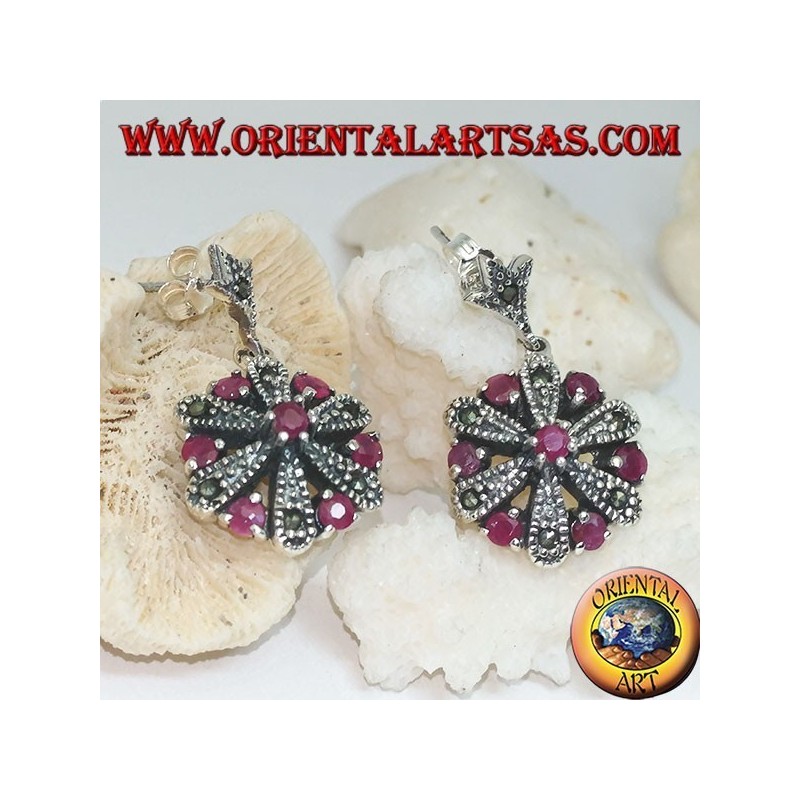 Orecchini in argento a margherita con 6 +1 rubini naturali tondi e marcassite