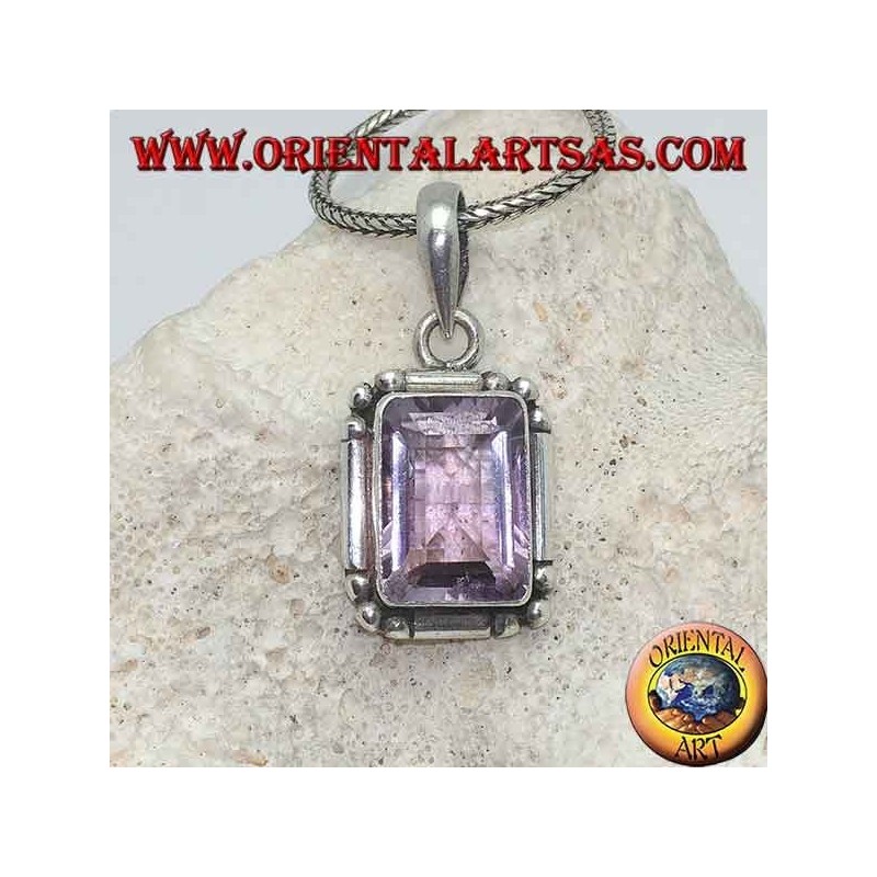 Silver pendant with a splendid natural rectangular amethyst on a simple frame with balls on the corners
