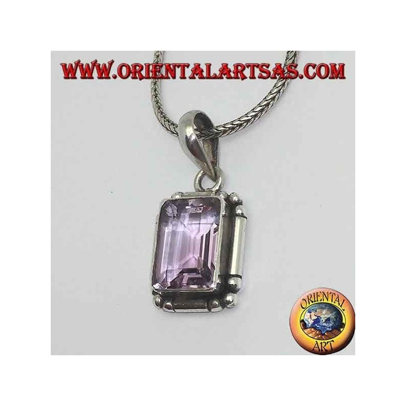 Silver pendant with a splendid natural rectangular amethyst on a simple frame with balls on the corners