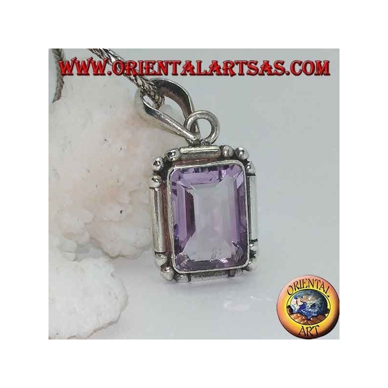 Silver pendant with a splendid natural rectangular amethyst on a simple frame with balls on the corners