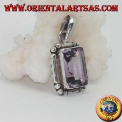 Silver pendant with a splendid natural rectangular amethyst on a simple frame with balls on the corners