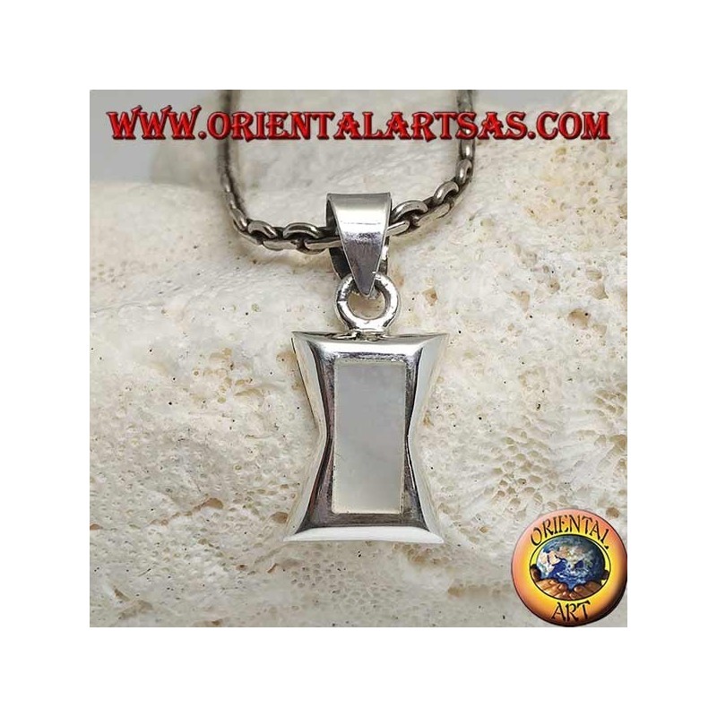 Silver pendant in the shape of a concave rectangle in the center with rectangular mother of pearl