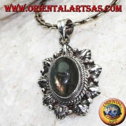 Silver pendant with oval cabochon labradorite surrounded by braid and leaf and alternating ball