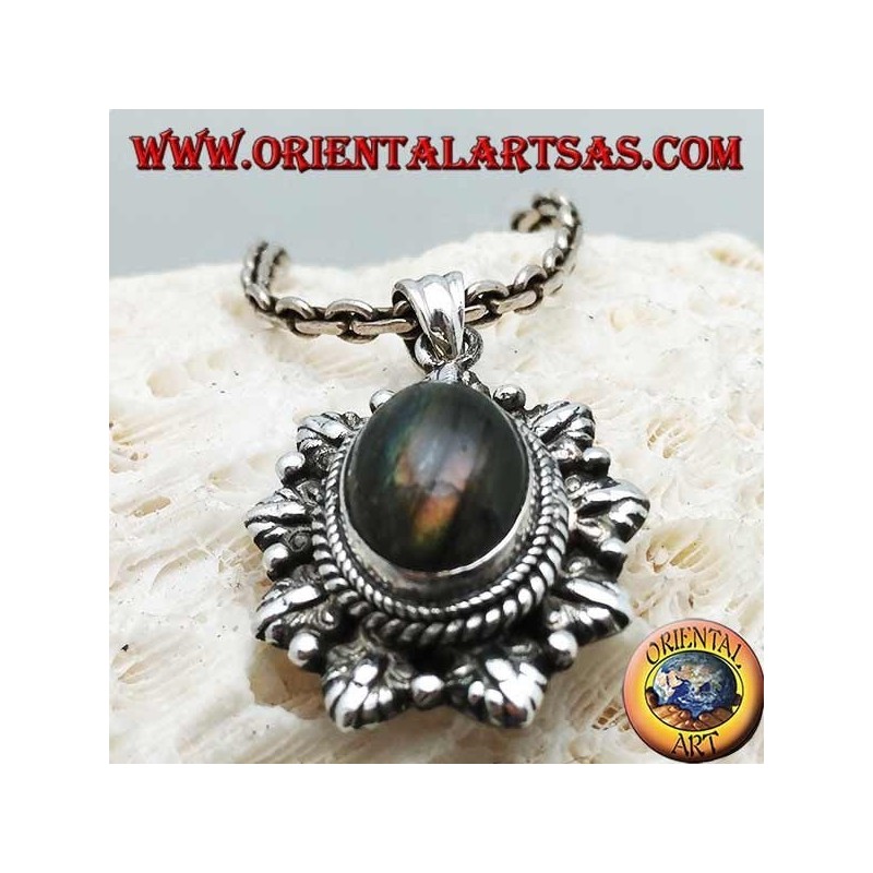Silver pendant with oval cabochon labradorite surrounded by braid and leaf and alternating ball