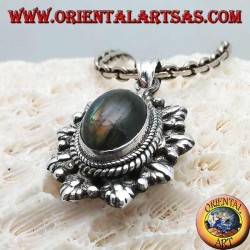 Silver pendant with oval cabochon labradorite surrounded by braid and leaf and alternating ball