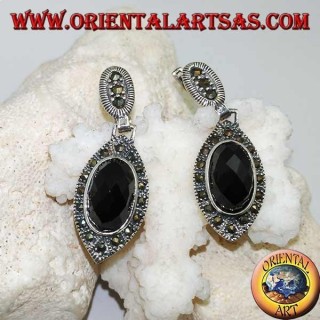 Silver earrings with oval faceted onyx surrounded by marcasite and lobe clasp