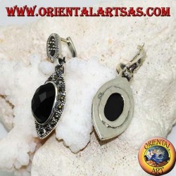 Silver earrings with oval faceted onyx surrounded by marcasite and lobe clasp