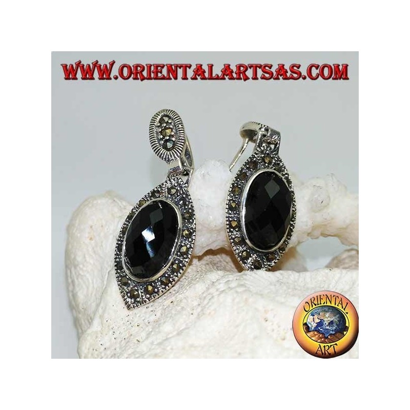 Silver earrings with oval faceted onyx surrounded by marcasite and lobe clasp