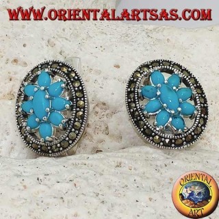 Turquoise flower silver earrings set in a marcasite circle with block closure