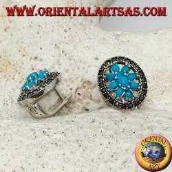 Turquoise flower silver earrings set in a marcasite circle with block closure