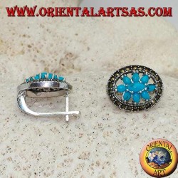 Turquoise flower silver earrings set in a marcasite circle with block closure