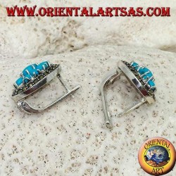 Turquoise flower silver earrings set in a marcasite circle with block closure