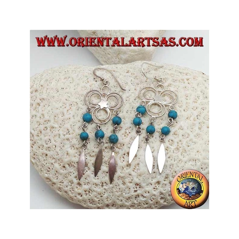Three circles silver earrings with central star and hanging rows of turquoise and silver balls