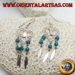 Boucles d'oreilles en argent à trois cercles avec étoile centrale et rangées de boules turquoise et argent