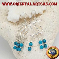 Silver earrings with triple S and three rows with two turquoise balls alternating with silver