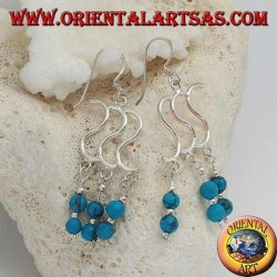 Boucles d'oreilles en argent avec triple S et trois rangées avec deux boules turquoise alternant avec de l'argent
