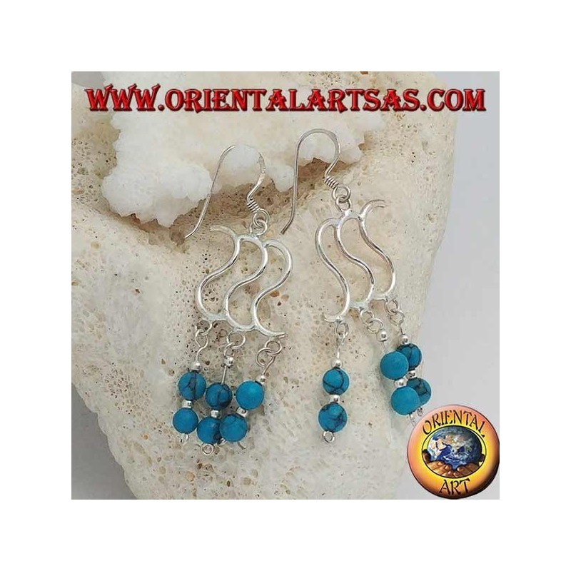 Boucles d'oreilles en argent avec triple S et trois rangées avec deux boules turquoise alternant avec de l'argent