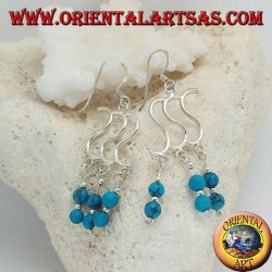 Boucles d'oreilles en argent avec triple S et trois rangées avec deux boules turquoise alternant avec de l'argent