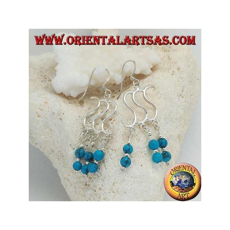 Orecchini in argento con tripla S e tre file con due palline di turchese alternate ad argento