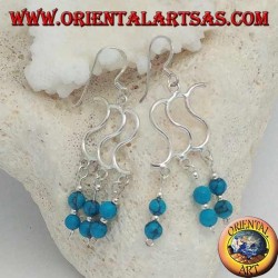 Boucles d'oreilles en argent avec triple S et trois rangées avec deux boules turquoise alternant avec de l'argent