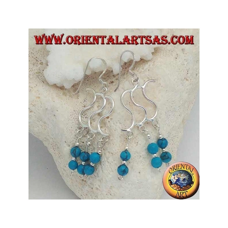Silver earrings with triple S and three rows with two turquoise balls alternating with silver