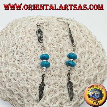 Boucles d'oreilles pendantes en argent avec disques turquoise et boules entre deux plumes