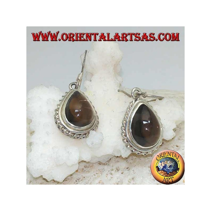 Boucles d'oreilles en argent avec topaze fumée en forme de goutte entourée d'un tissage léger