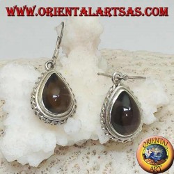 Boucles d'oreilles en argent avec topaze fumée en forme de goutte entourée d'un tissage léger