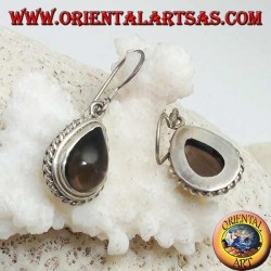 Boucles d'oreilles en argent avec topaze fumée en forme de goutte entourée d'un tissage léger