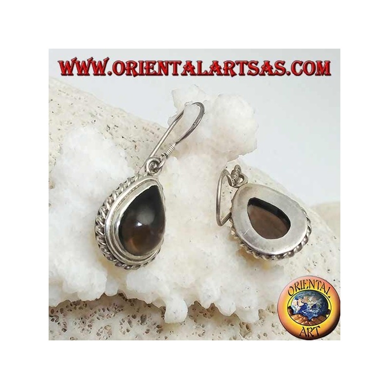 Boucles d'oreilles en argent avec topaze fumée en forme de goutte entourée d'un tissage léger