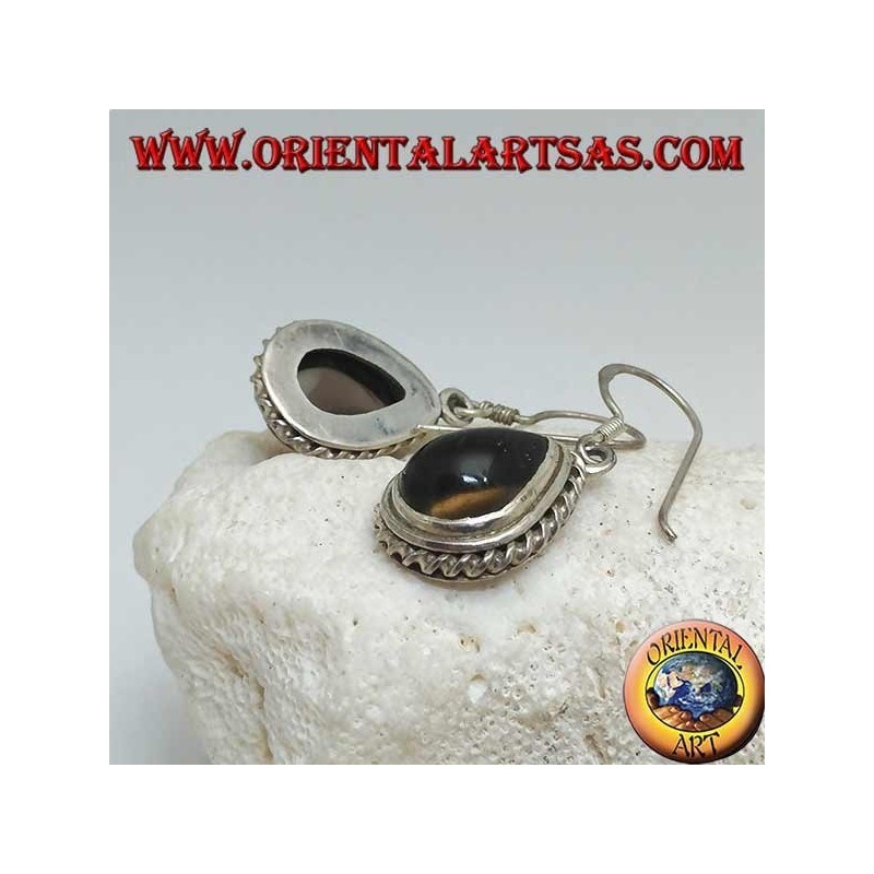 Boucles d'oreilles en argent avec topaze fumée en forme de goutte entourée d'un tissage léger