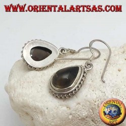 Boucles d'oreilles en argent avec topaze fumée en forme de goutte entourée d'un tissage léger