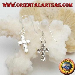 Silver earrings with cross pendant of white zircons set