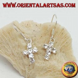 Silver earrings with cross pendant of white zircons set
