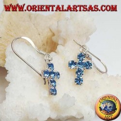 Silver earrings with a cross pendant of blue zircons set